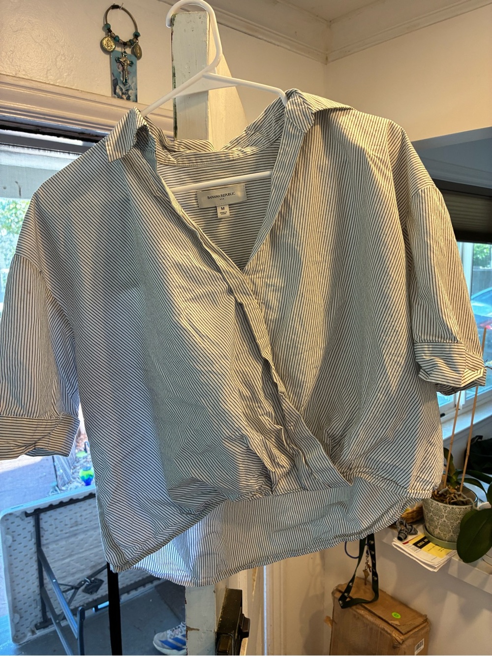 Banana Republic Blue and White Striped Wrap-Front Cropped Shirt